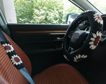 Steering Wheel Cover For Car,Steering Wheel Cover for women, Crochet Sunflower Black seat belt Cover,Black Steering Wheel Cover,Crochet Gift
