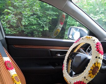 Handmade Crochet Sunflower Steering Wheel Cover (14-15in)