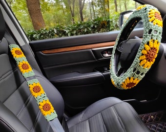 Crochet Steering Wheel Cover: Sunflower & Turtle Design - Handmade