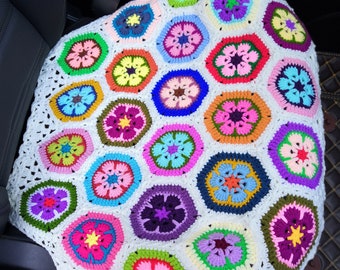 Crochet Car Seat Cover: Colorful Hexagonal Flower Design