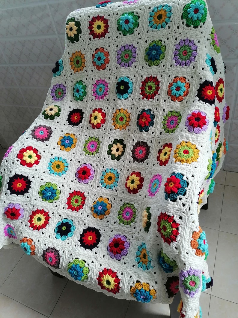 Daisy Crochet Throw Blanket,Bedroom Blanket, Living Room Blanket,Wedding Blanket, Baby Blanket,Granny Square Throw Blanket,Retro Blanket image 8