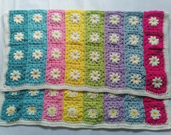 Colorful Daisy Granny Square Crochet Blanket: Handmade Cotton Afghan
