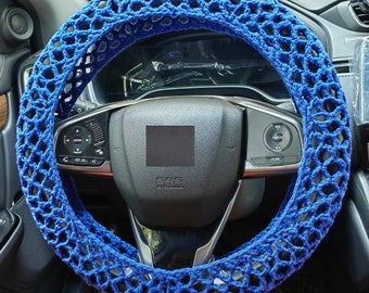 Blue Crochet Steering Wheel Cover: Handmade Car Accessory