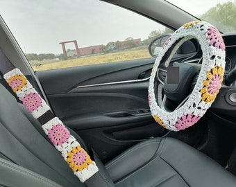 Crochet Steering Wheel Cover,Sunflower Crochet Steering Wheel Cover,Car Steering Cover,Steering Wheel Cover for Women,Car Accessories