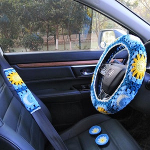Coprivolante per auto con sole e luna, copricintura blu, accessori auto da donna, sole e luna all'uncinetto, grazioso coprivolante, decorazione per auto