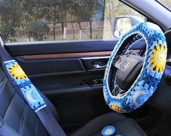 Sun and Moon Car Steering Wheel Cover,Blue seat belt Cover,Women car accessories,Crochet Sun Moon,Cute Steering Wheel Cover,Car decoration