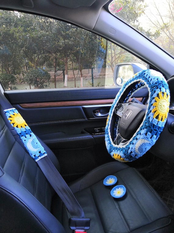 Crochet Sun & Moon Steering Wheel Cover: Blue Car Accessories