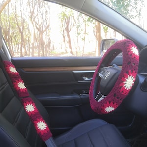 Lenkradabdeckung gehäkelt, Sonnenblume häkeln Lenkradabdeckung für Frauen, Sicherheitsgurtabdeckung, Auto häkeln Zubehör, Geschenk für sie