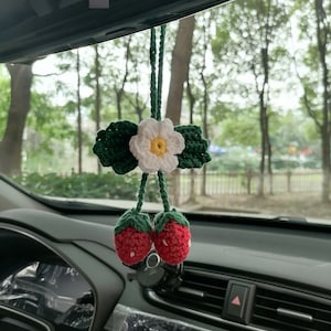 Cute Car Mirror Hanging Crochet Strawberry,Crochet Knitting Flower Rear View Mirror Charms,Car Pendant,Crochet Car Accessories
