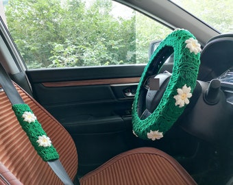 Handmade Crochet Daisy Steering Wheel Cover: Car Accessories