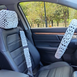 Crochet car accessories,Women car accessories,Car Headrest Cover,Crochet Steering Wheel Cover,Sunflower Crochet Seat Belt Cover