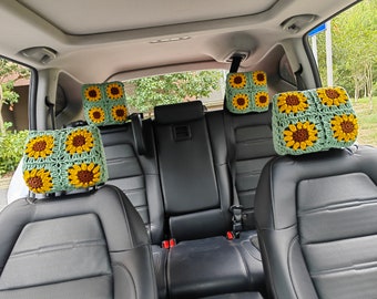 Crochet Sunflower Car Headrest Cover, Handmade Head Rest Cover