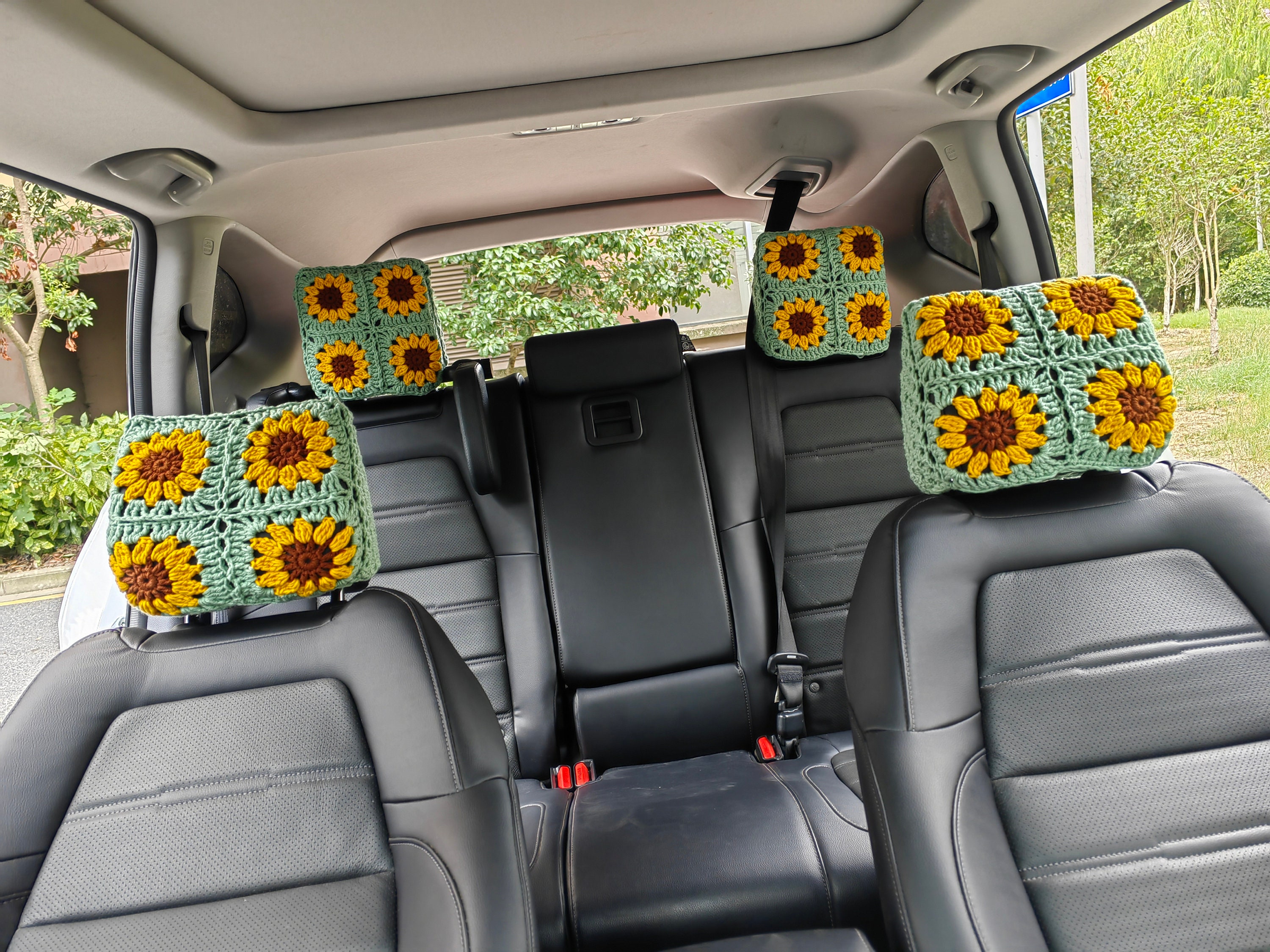 2er Set Autositz Haken, gehäkelte Sonnenblume Auto Kopfstütze