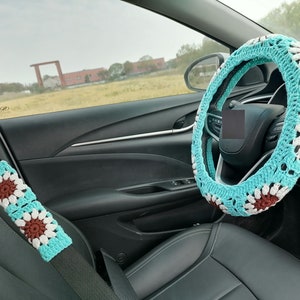 Crochet Steering Wheel Cover,Sunflower Crochet Steering Wheel Cover,Car Steering,Steering Wheel Cover for Women,Crochet Car Accessories