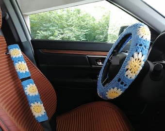 Crochet Sunflower Steering Wheel Cover: Car Accessories for Women