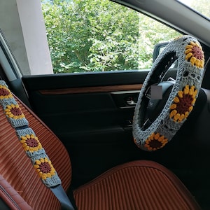 Crochet Steering Wheel Cover,Sunflower Crochet Steering Wheel Cover,Car Steering,Steering Wheel Cover for Women,Crochet Car Accessories