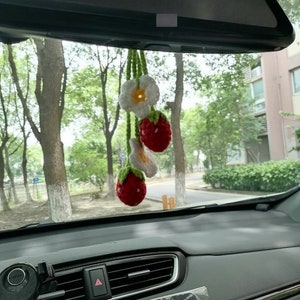 Cute Strawberry Flower Car Accessories Mirror Hanging Charm Fruit Decor Teens Interior Rear View Mirror for Women