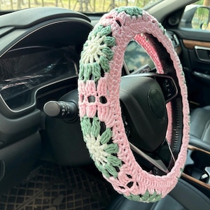 Gehäkelte Lenkradabdeckung, Sonnenblumen-Lenkradabdeckung, niedliche Sicherheitsgurtabdeckung, Autoaufhängung, Frauenautozubehör