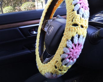 Funda de volante de crochet hecha a mano: Juego de accesorios para coche amarillo