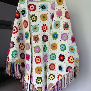 Handmade Granny Colorful Flowers Triangle Shawl,Crochet Triangle Scarf , Crochet Shawl,Crochet Triangle Scarf Shawl with Tassels