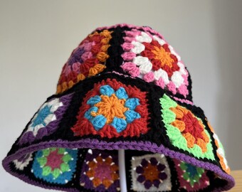 Handmade Crochet Granny Square Bucket Hat: Colorful Festival Sun Hat