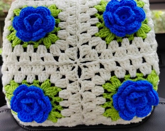 Crochet Car Headrest Cover: 3D Blue Rose, Handmade