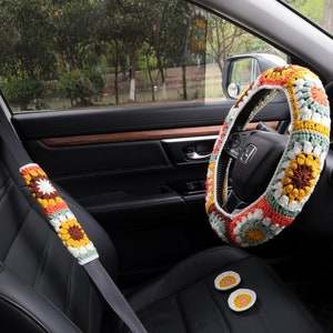 Crochet Granny Square Steering Wheel Cover: Colorful Car Interior Accessory G  B+ 2 coaster