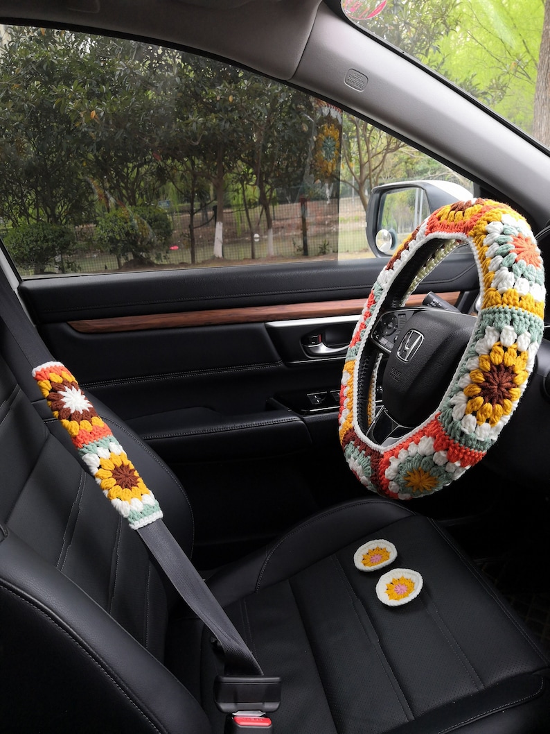 Crochet Granny Square Steering Wheel Cover: Colorful Car Interior Accessory G  B+ 2 coaster