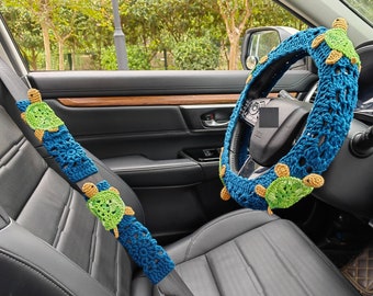 Crochet Steering Wheel Cover: 3D Sea Turtle Car Decor