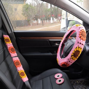 Car Steering Wheel Cover, Car seatbelt cover,Crochet Sunflower Steering Wheel Cover, Steering Wheel Cover Crochet,Pink Crochet car coaster