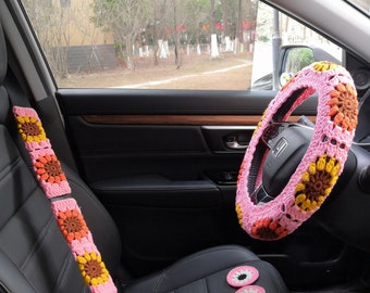 Conjunto de accesorios para coche de girasoles de crochet: funda para volante y funda para cinturón de seguridad