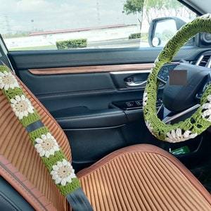 YDM Flower Steering Wheel Cover, Steering Wheel Cover,Best Car Accessories,women Car Accessories,Crochet Car Accessories (C A+ 2 Belt Cover)