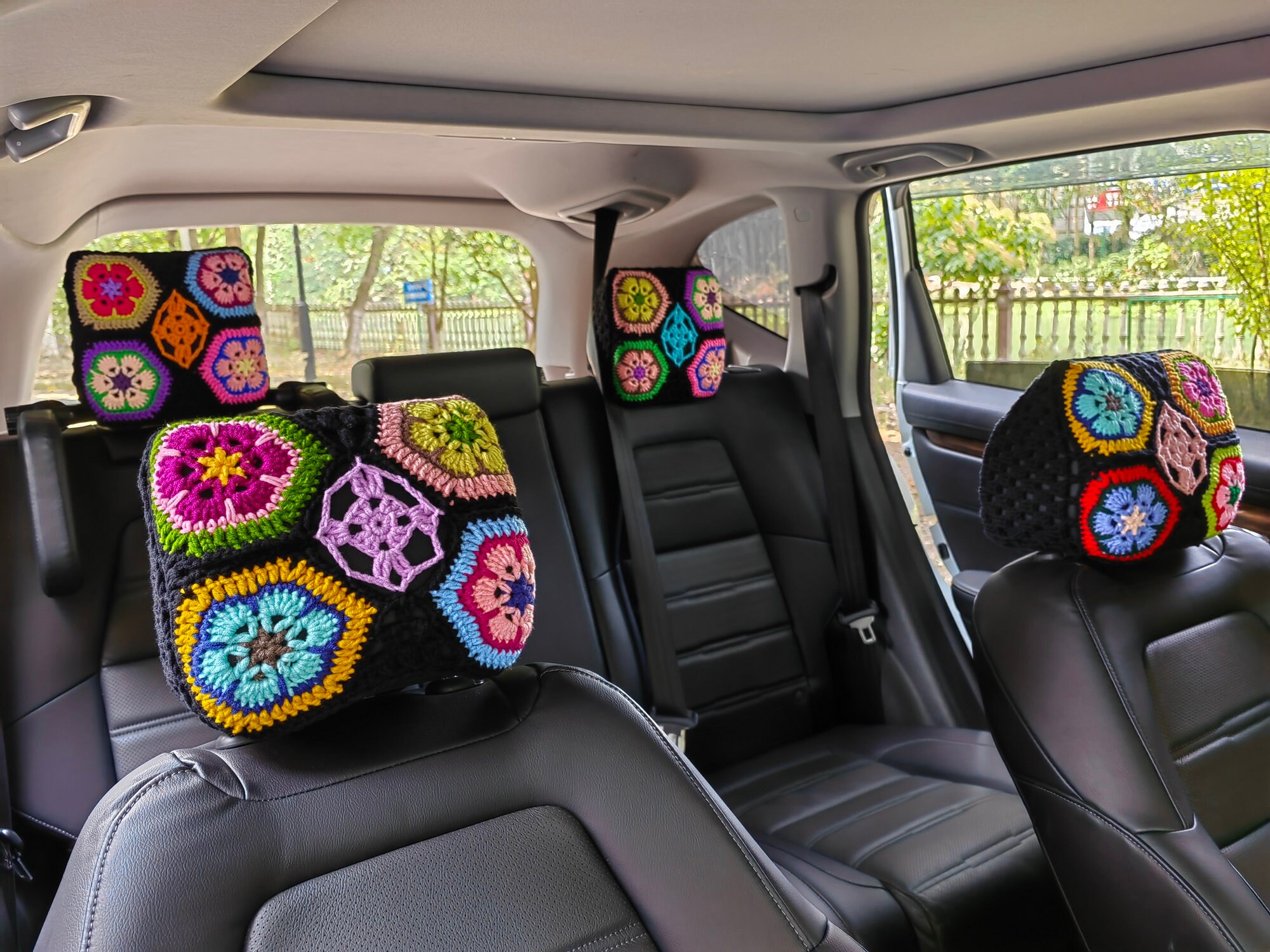 Car Seat Cover,crochet Seat Covers,rainbow Granny Square Steering Wheel  Cover Seat Cover Headrest Covers Car Accessories,car Interior Design 
