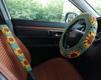 Gehäkelte Lenkradhülle, Sonnenblume Gehäkelte Lenkradhülle, Lenkradhülle für Frauen, süße Lenkradhülle, Autodekoration