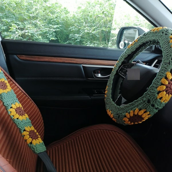 Crochet Steering Wheel Cover,Sunflower Crochet Steering Wheel Cover,Steering Wheel Cover For Women,Cute Steering Wheel Cover,Car decoration