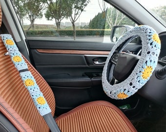 Handmade Crochet Sunflower Steering Wheel Cover: Cozy Car Accessory