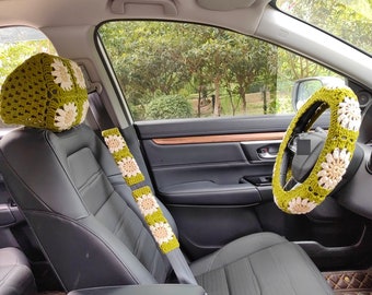 Crochet Sunflower Car Headrest Cover: Handmade Auto Accessory