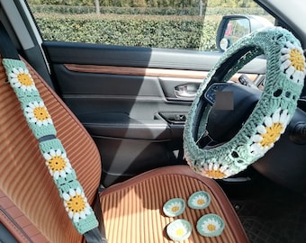 Sunflower Steering Wheel Cover,Crochet Steering Wheel Cover,Steering Wheel Cover For Women,Mini Sunflower Car Cupholder Coaster