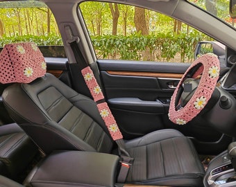 Car Accessories Crochet Set,Crochet Daisy Car Headrest Covers,Car Steering Wheel Cover and Crochet Seat Belt Cover