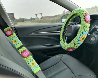 Handmade Crochet Sunflower Steering Wheel Cover: Car Decor