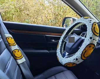 Crochet Steering Wheel Cover,Cute smiling face flower seat belt Cover,Steering Wheel Cover crochet,Women Car interior Accessories decoration