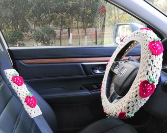 Crochet Strawberry Car Accessory Set, Handmade Wheel and Seatbelt Covers