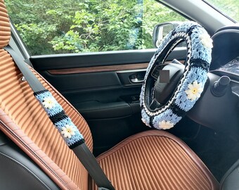 Daisy Crochet Steering Wheel Cover & Seat Belt Cover: Car Accessories