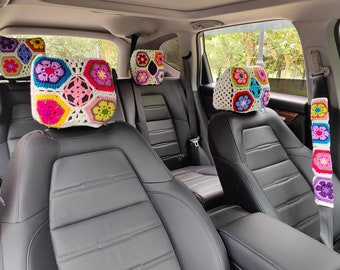 Crochet Flower Car Headrest Cover: Handmade Auto Accessory