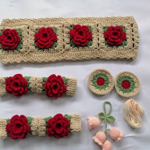 Coprivolante con rose all'uncinetto, coprivolante con fiori per auto e sottobicchiere per tazze per donne, copricintura con rose, grazioso coprivolante