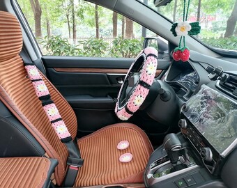Crochet Daisy Flower Steering Wheel Cover & Seat Belt Cover: Car Accessories