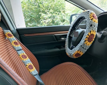 Crochet Sunflower Steering Wheel Cover: Car Accessories for Women