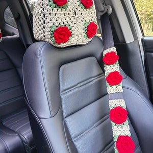 Handmade Crochet Roses Car Decoration Set,Crochet Sunflower Steering Wheel Cover,Seatbelt Cover,Headrest Cover for Car