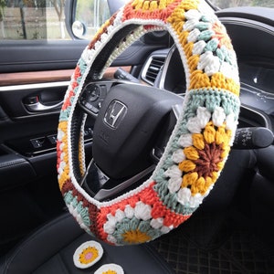 Steering Wheel Cover,Crochet Colorful Granny Square Steering Wheel Cover,Car Seat Belt Cover,Car interior Accessories decorations,Cute Gift