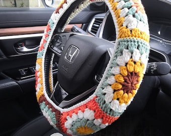 Crochet Grandma Square Lenkradabdeckung: Buntes Auto-Innenraumzubehör